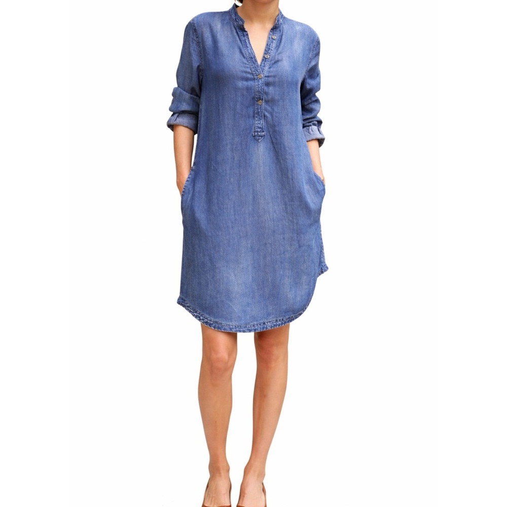 Kenneth Cole Reaction Blue Denim Button Up V-Neck Casual Dress Womens XS